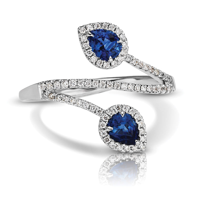 Leaf Design 0.50 ct. Natural Pear Shape Blue Sapphire Two Stone Ring With 0.20 ct. Diamonds-VIRABYANI